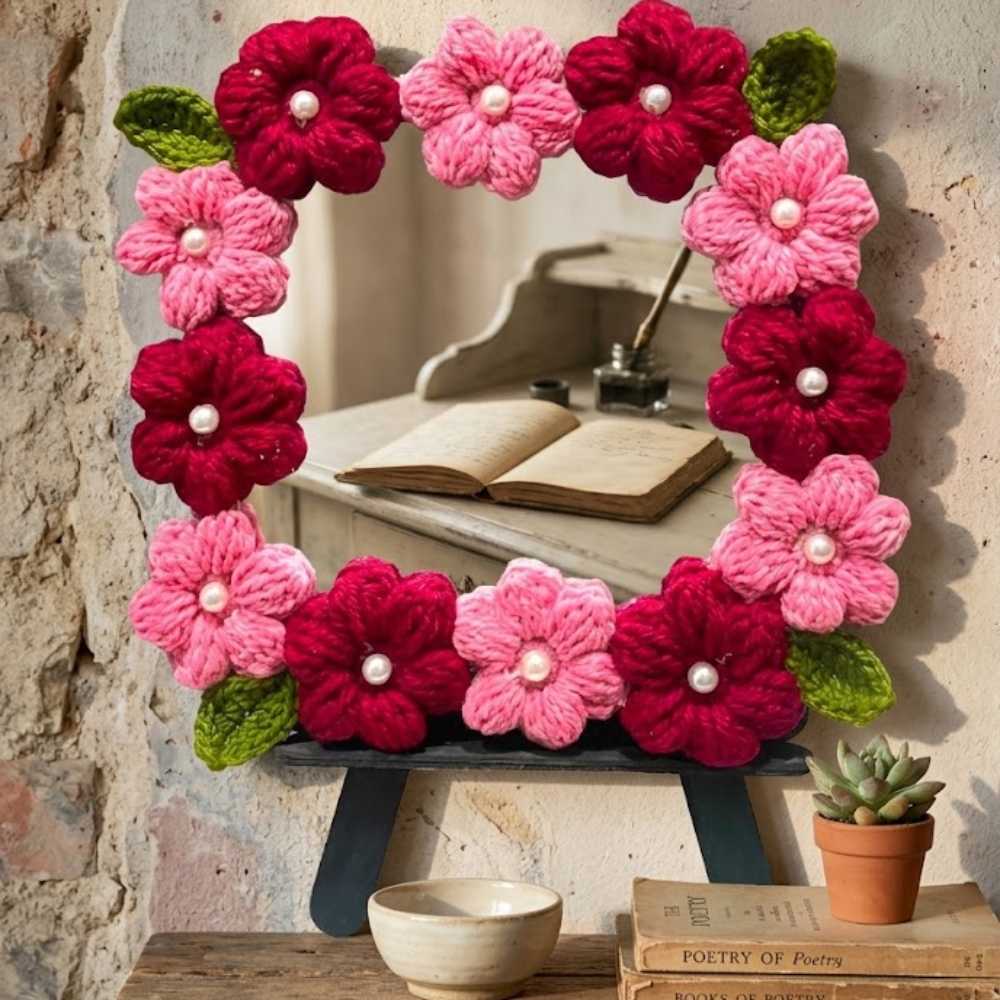 Handmade Crochet Flower Vanity Mirror Home Decoration with pearl flower details for home decor, Pakistan