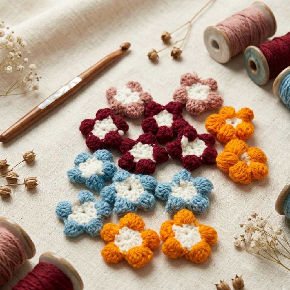 Handmade Crochet Flowers for Mirror Decor DIY, crochet floral pieces for creative home decor in Pakistan