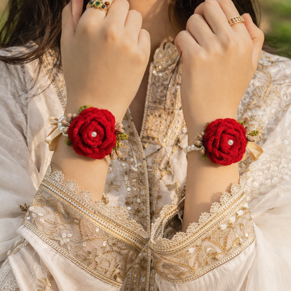 Beautiful Red Rose Handmade Crochet Gajry for Girls - 1 Pair