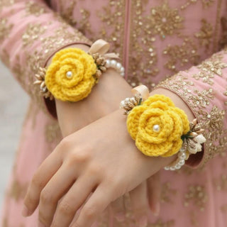Yellow Crochet Gajry for Girls, soft floral wrist accessory for weddings and events in Pakistan