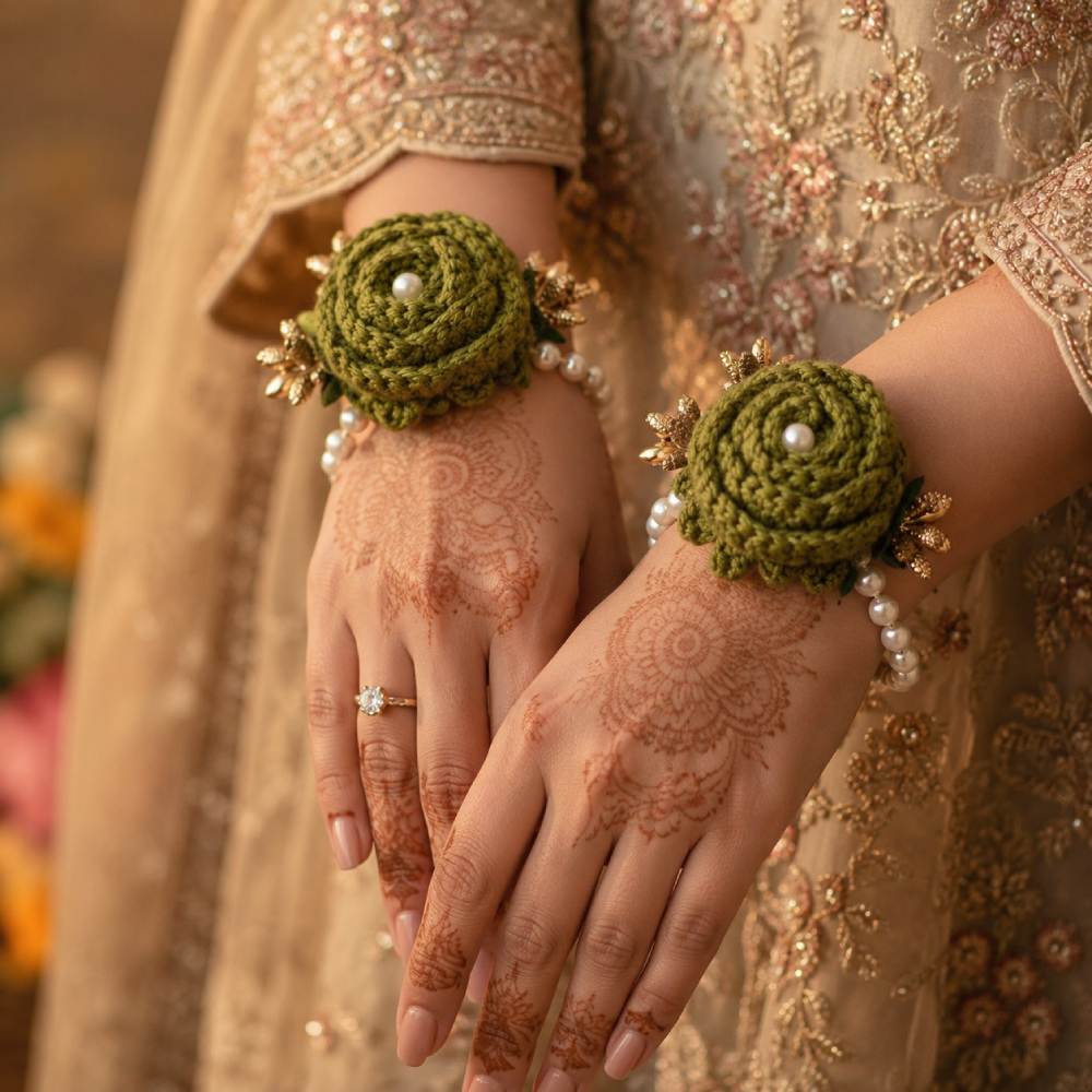 Olive Green Crochet Gajry for Girls, handmade soft floral wrist accessory for weddings and cultural events in Pakistan