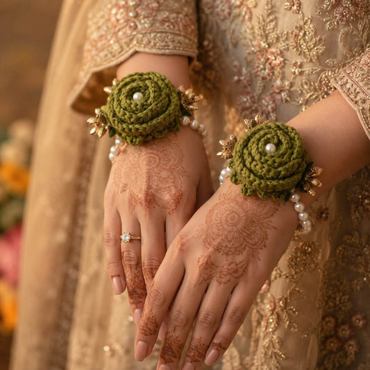 Olive Green Crochet Gajry for Girls, handmade soft floral wrist accessory for weddings and cultural events in Pakistan