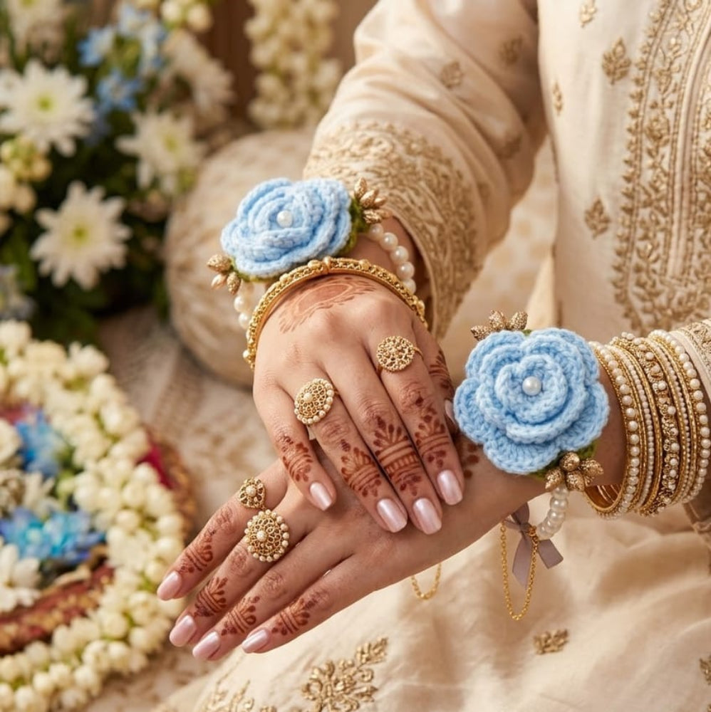 Light blue crochet gajra with detailed flower design