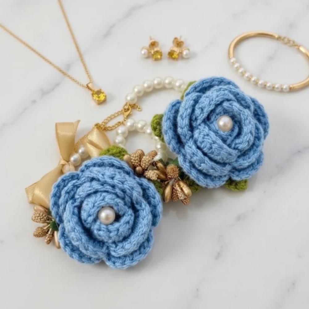 Crochet Light Blue Gajry for Girls, soft yarn gajra for girls for cultural events in Pakistan