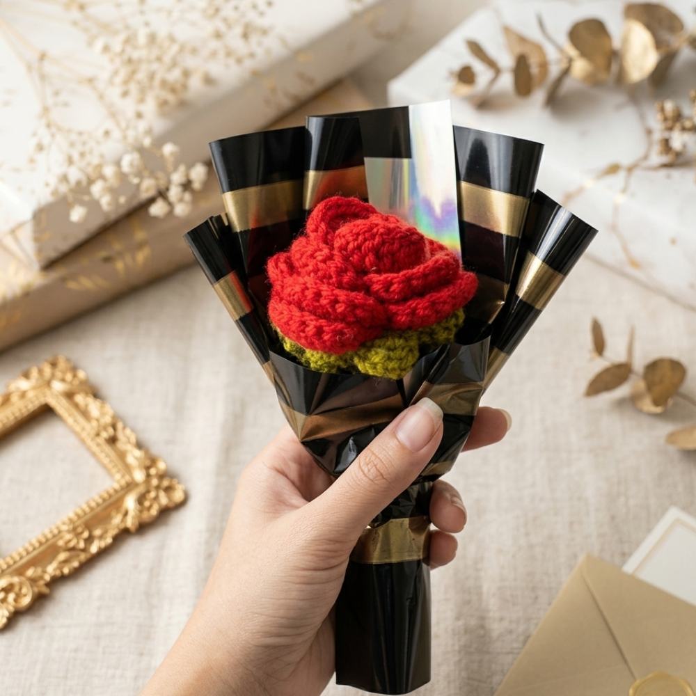 Crochet Red Rose Mini Bouquet, mini handmade crochet bouquet for wedding and gifting use in Pakistan