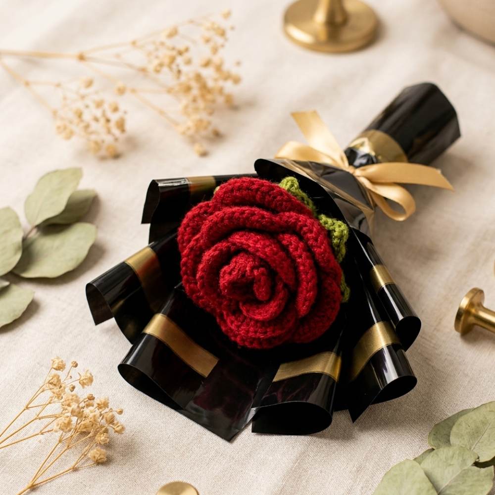 Crochet Red Rose Mini Bouquet, decorative handmade crochet small flower bouquet for home decor in Pakistan
