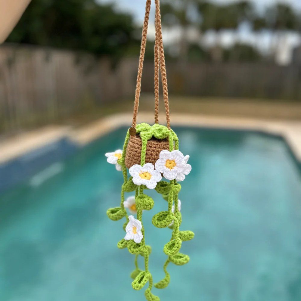 Crochet Hanging Planter with Flowers for Car Decor, simple crochet floral car hanging decor in Pakistan