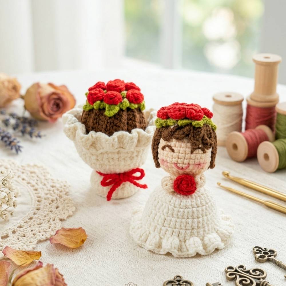 Crochet Reversible Doll Flower Bouquet, unique handmade gift doll and flower bouquet for gifting and decor in Pakistan