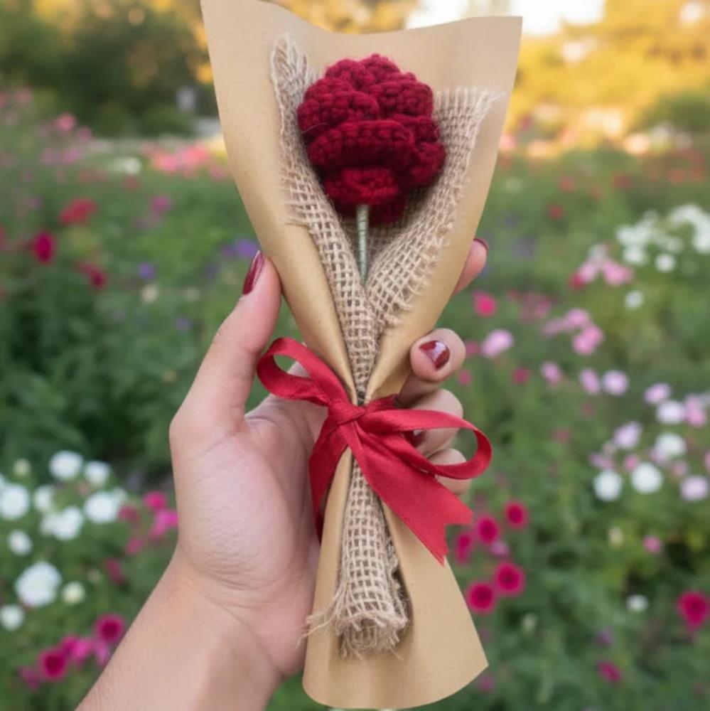 Crochet Red Rose Flower, handmade yarn flower for home decor and gift use in Pakistan