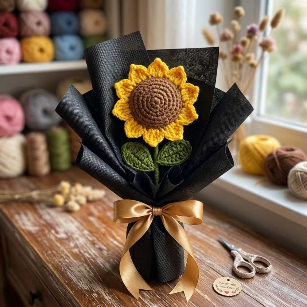 Handmade Crochet Sunflower Bouquet with Black Wrapping in Pakistan with bright sunflower design and black gift wrap.