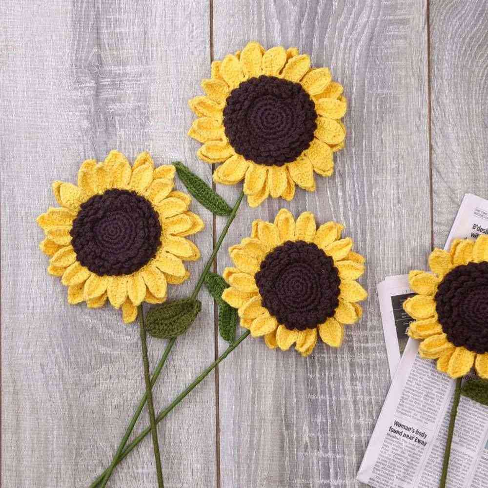 Handmade Crochet Sunflower Bouquet with Black Wrapping made in Pakistan, perfect for gifting and home decoration.