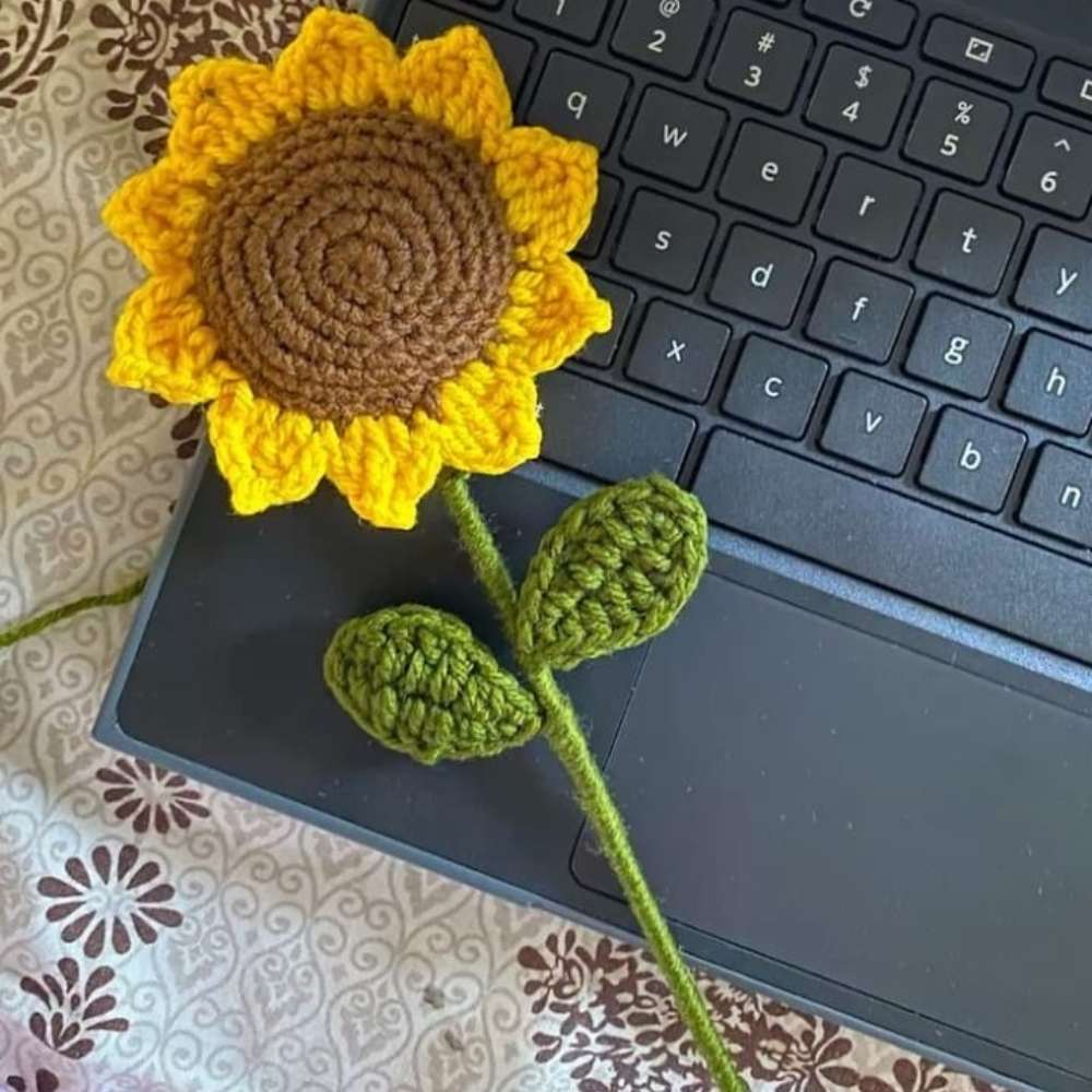 Handmade Crochet Sunflower Bouquet with Black Wrapping featuring detailed crochet flowers, handmade in Pakistan.
