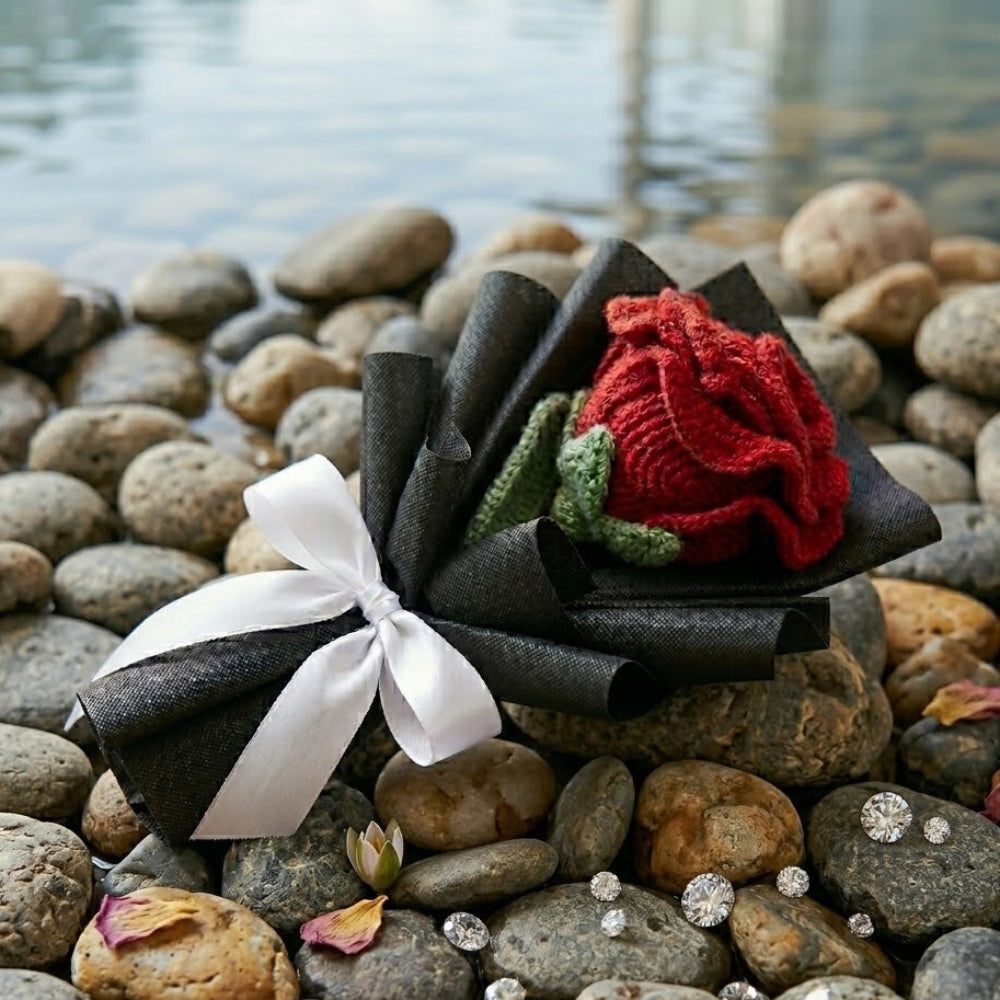 Knitted red rose and black fabric with a white ribbon on pebbles by a water body