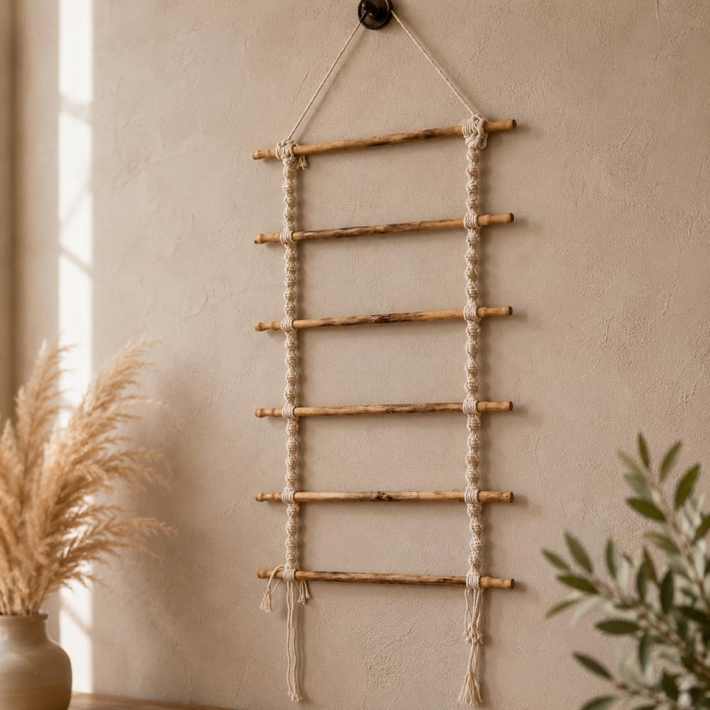 Handmade macrame photo display wall hanging with wooden rods for pictures and postcards in Pakistan