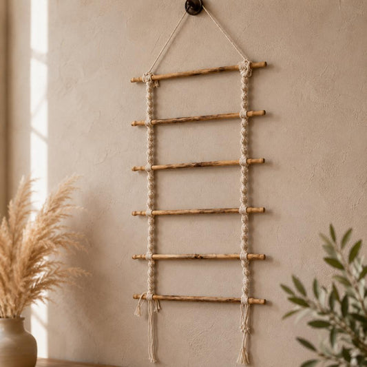 Handmade macrame photo display wall hanging with wooden rods for pictures and postcards in Pakistan