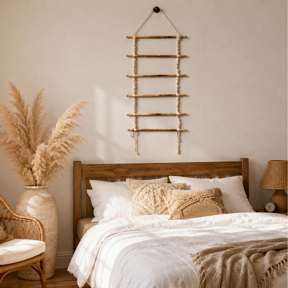 A rustic wooden wall hanging made of natural branches and rope, bohemian-style bedroom wall decor.