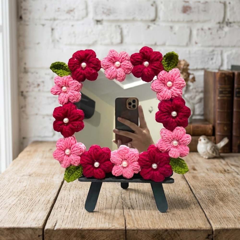 Handmade Crochet Flower Vanity Mirror Home Decoration with pink crochet flowers for bedroom decor, Pakistan