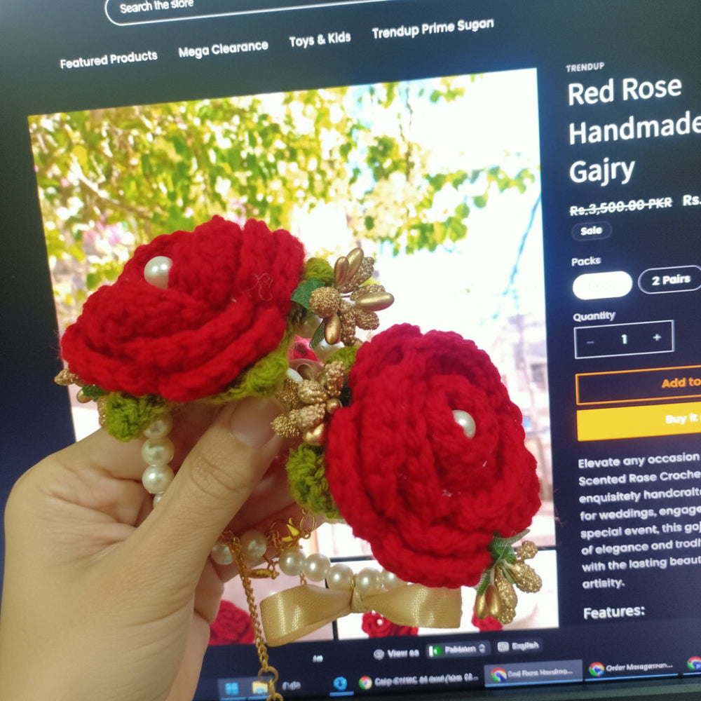 Beautiful Red Rose Handmade Crochet Gajry for Girls - 1 Pair