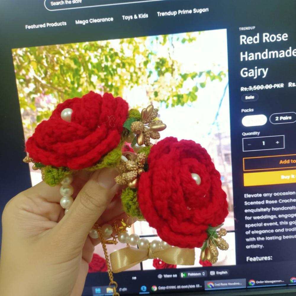 Red Crochet Gajry for Girls, traditional crochet bracelet for mehndi and wedding use in Pakistan