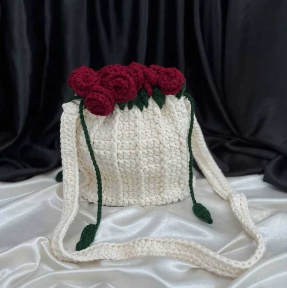 Handmade Crochet Rose Bag for Girls, soft yarn crossbody bag for daily use and outings in Pakistan