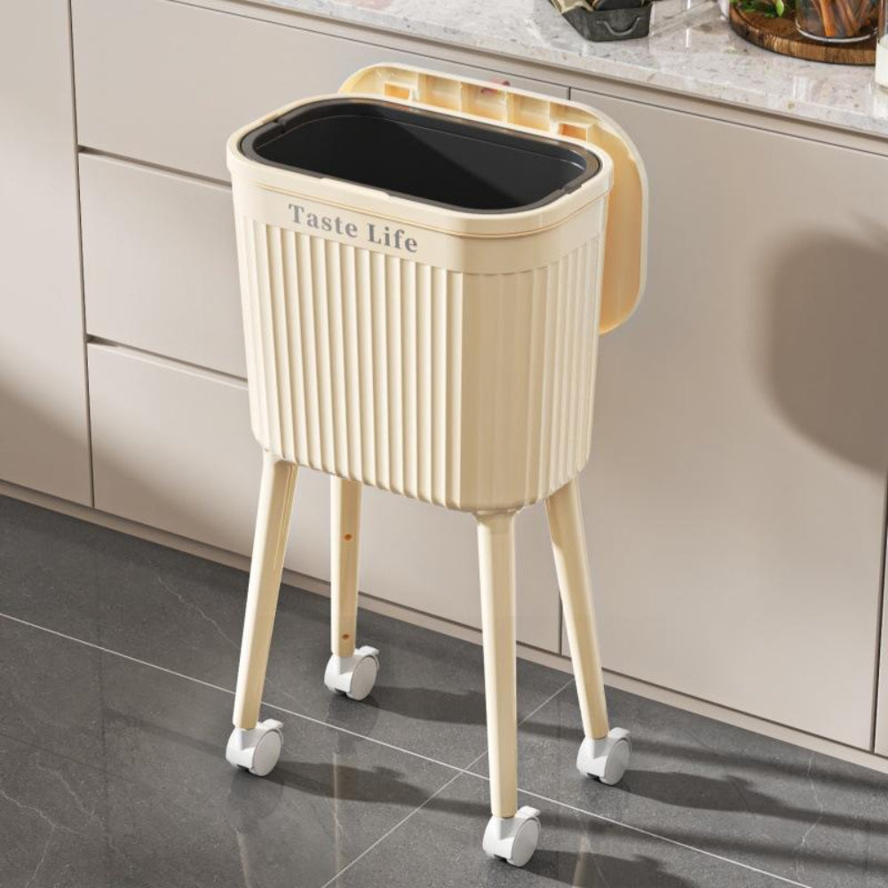 High leg trash can with wheels for bathroom and utility area