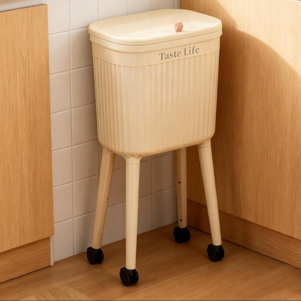 High legged wheeled trash can with lid for home and kitchen use