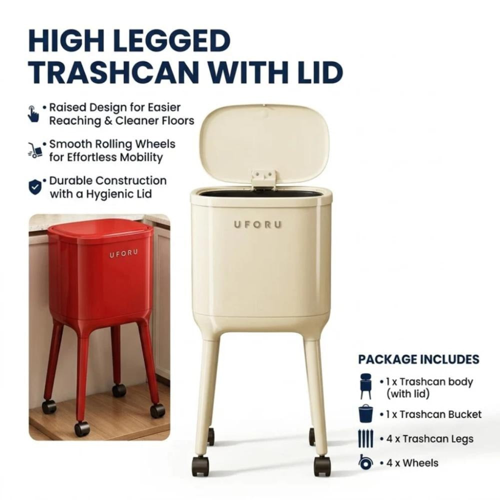 High Legged Trash Can with Lid & Wheels, raised bin for clean and easy use in Pakistan