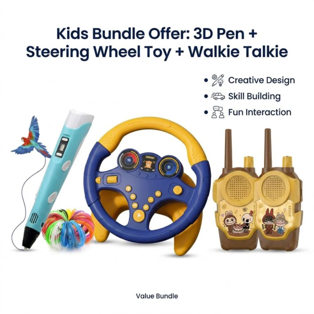 3D Pen + Steering Wheel Toy + Walkie Talkie Set, kids learning and play combo set in Pakistan