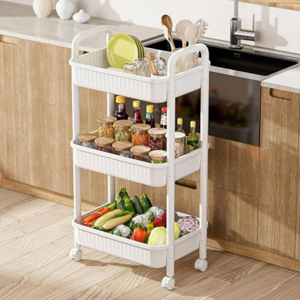 3-Tier Rolling Storage Cart - White, lightweight trolley with three shelves for Pakistan homes