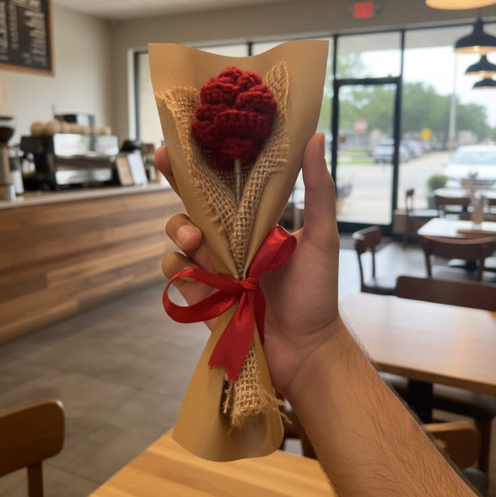 Knitted rose bouquet beautifully arranged
