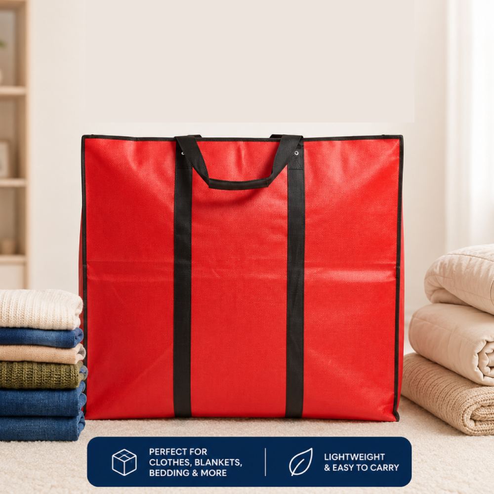 Medium storage organizer for blankets, quilts, clothes, and bedding with space-saving design and large capacity.