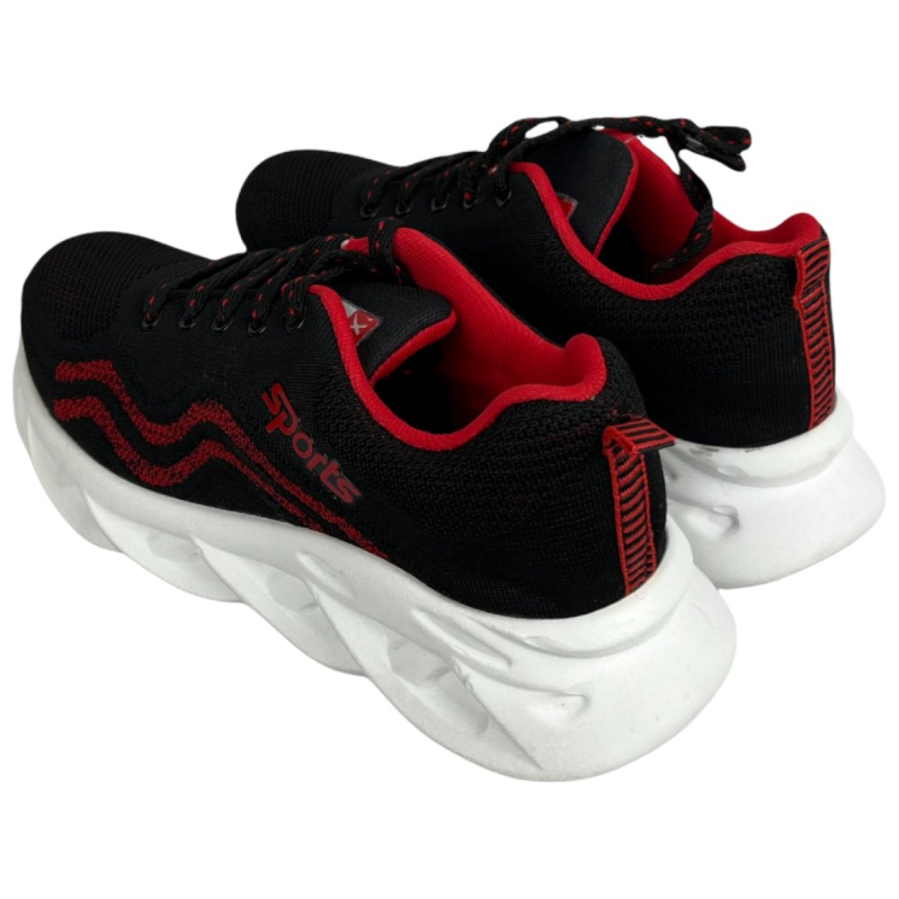 Lightweight men's sports shoes in black and red with lace-up design, comfortable fit, and breathable mesh upper.