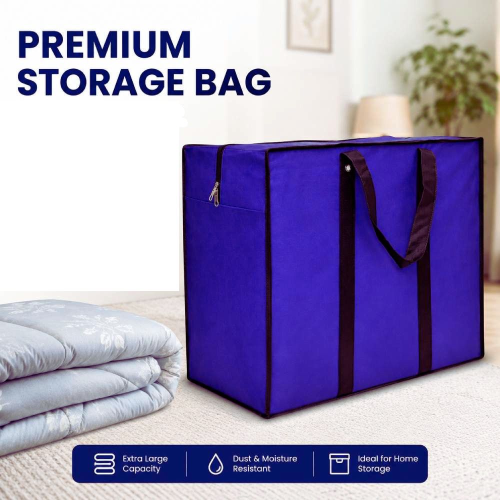 Medium storage bag with zipper closure and handles for storing clothes, blankets, bedding, and quilts neatly.