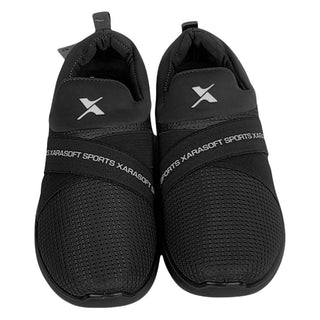 Men's black casual slip-on shoes featuring breathable mesh fabric, flexible sole, and soft cushioned footbed.