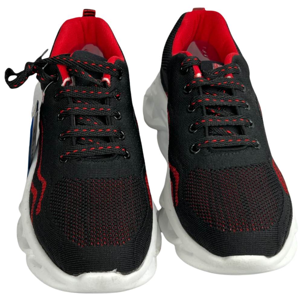 Men's black red running shoes featuring breathable mesh fabric, soft cushioning, and durable lightweight outsole.