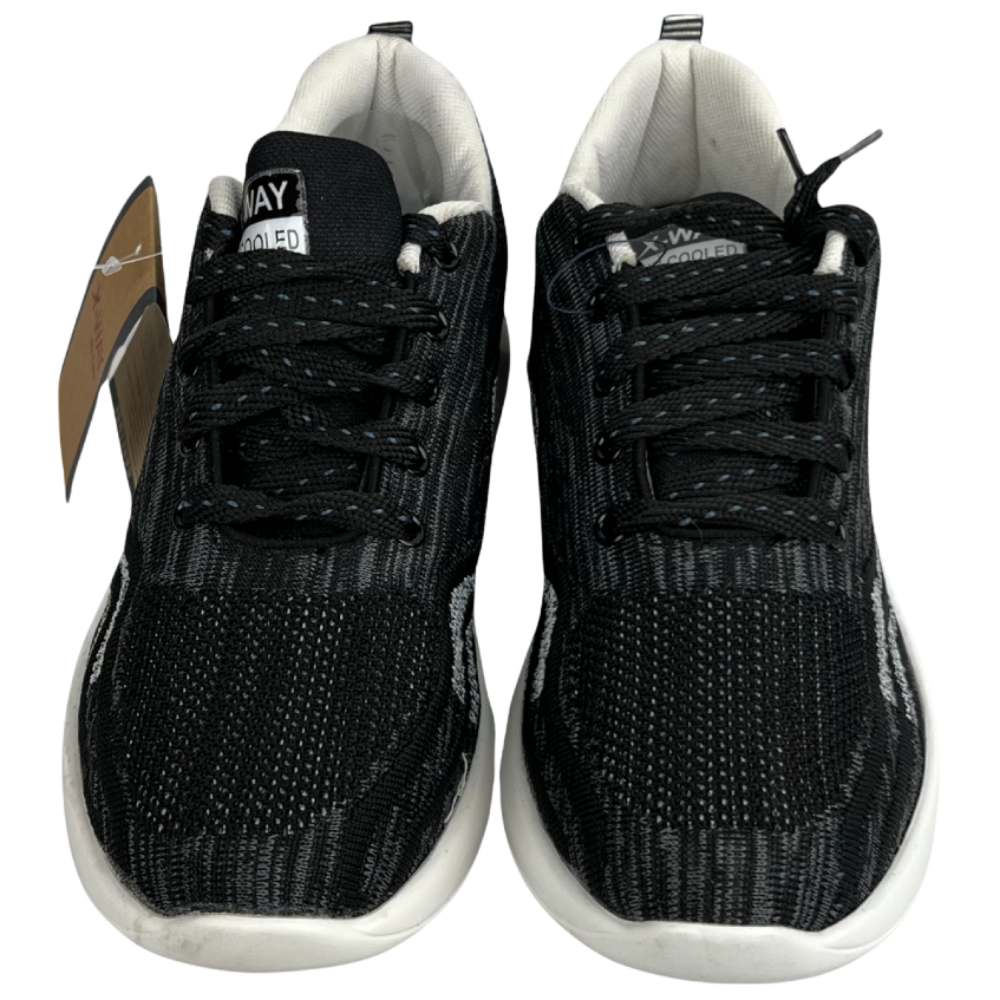 Men's black white running shoes featuring breathable mesh fabric, soft cushioning, and durable lightweight outsole.
