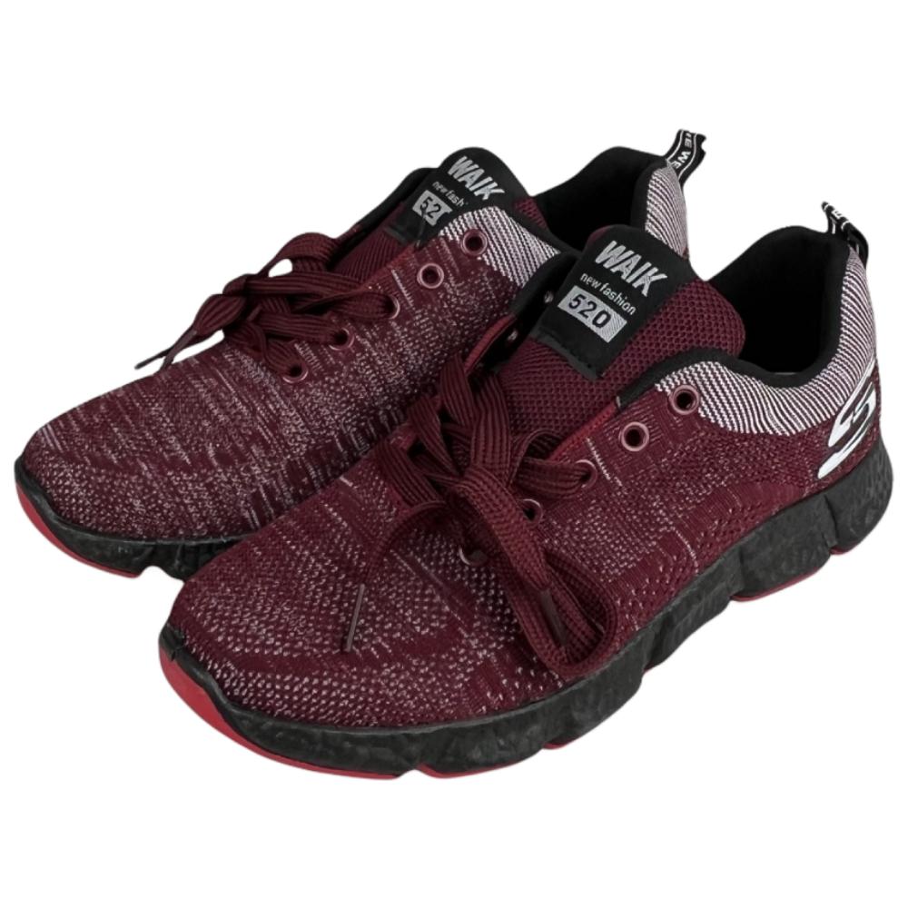 Men's red training shoes with knitted mesh upper, lace-up closure, and flexible sole for walking and gym use.