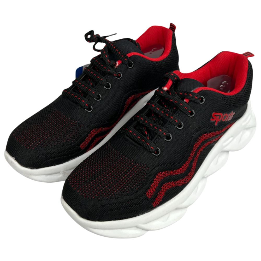 Men's mesh walking shoes in black and red designed with lightweight sole, lace-up closure, and everyday comfort.