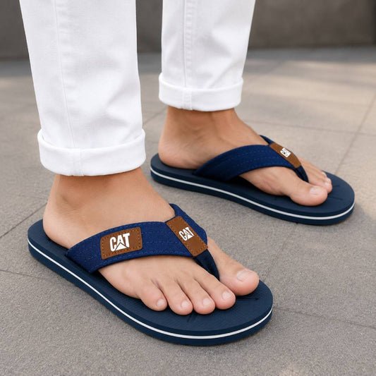 Men's casual flip flops with fabric straps, flexible sole, and cushioned footbed for everyday indoor and outdoor comfort.