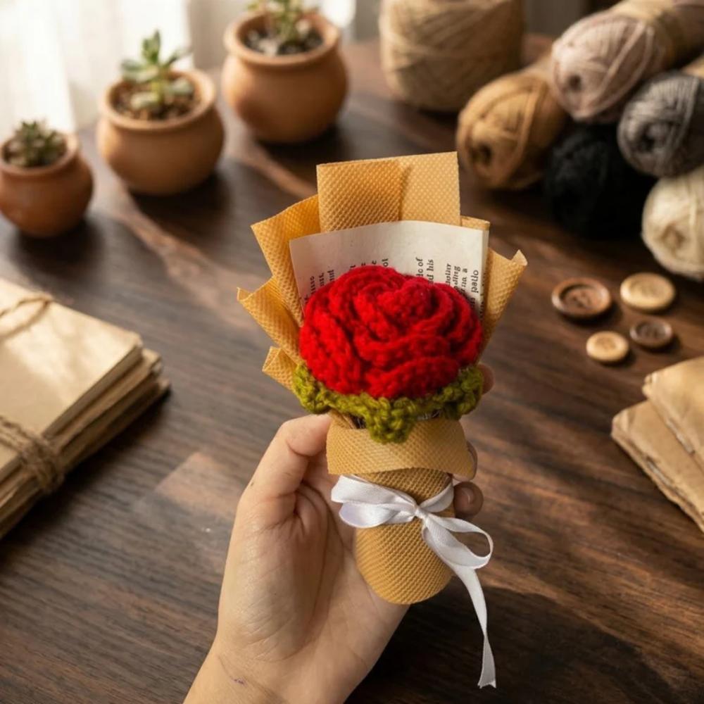Mini Crochet Red Rose Bouquet, cute handmade rose bouquet for gift use in Pakistan