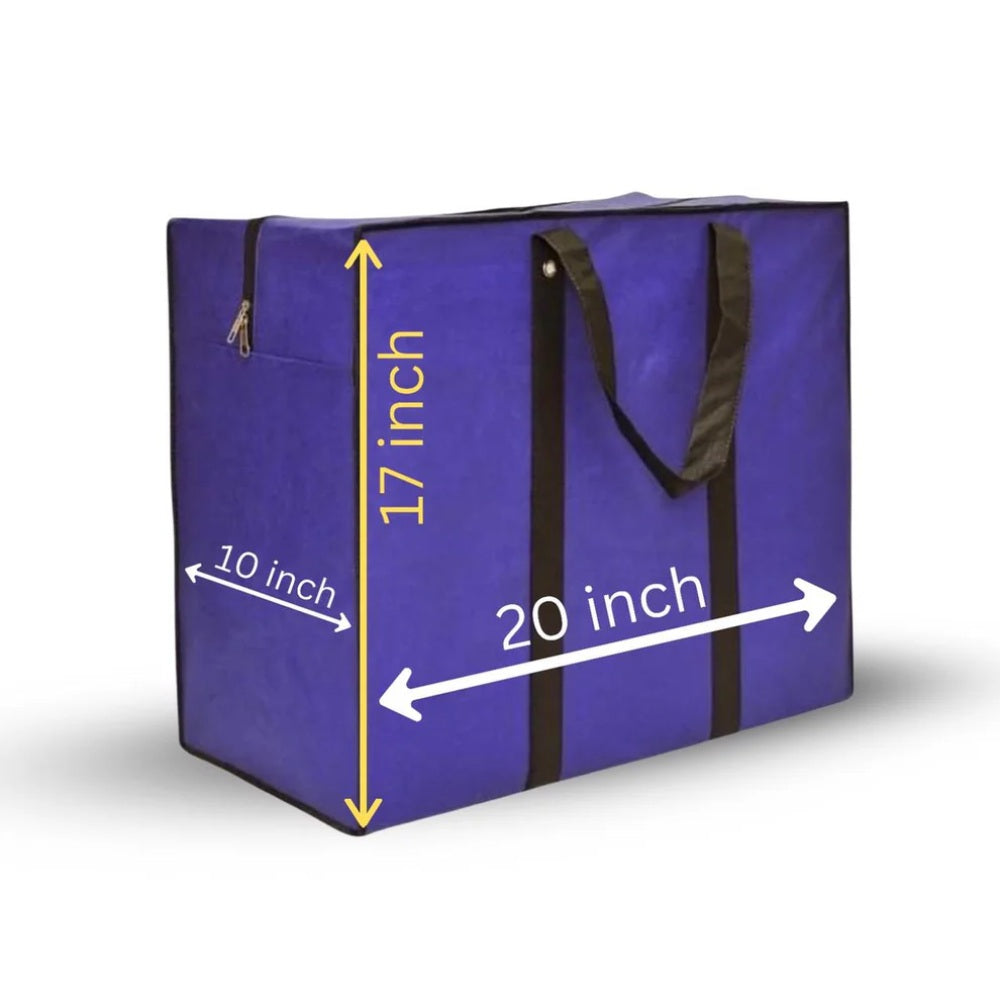Blue storage bag with strong handles and smooth zipper, ideal for storing bedding, blankets, and clothing.