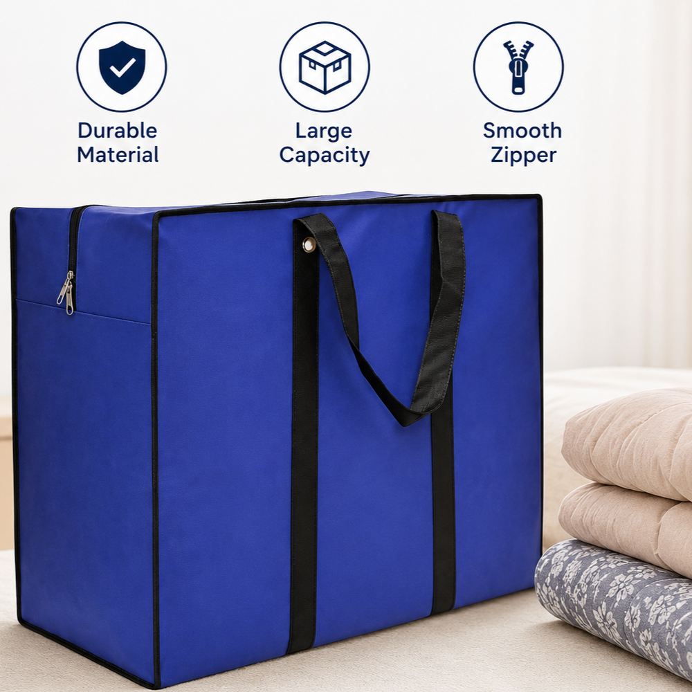 Blue medium storage organizer bag with spacious capacity, strong handles, and durable zipper for home storage.