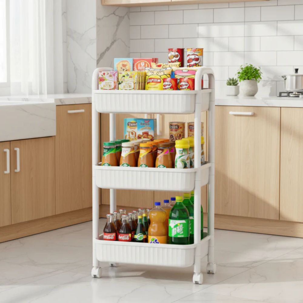 3-Tier Rolling Storage Cart - White, compact storage cart for small spaces in Pakistan