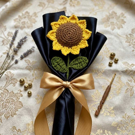 Handmade Crochet Sunflower Bouquet with Black Wrapping, crafted in Pakistan with realistic crochet sunflower blooms.
