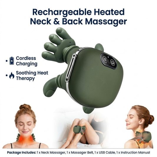 Rechargeable heated neck and back massager with features listed on a white background