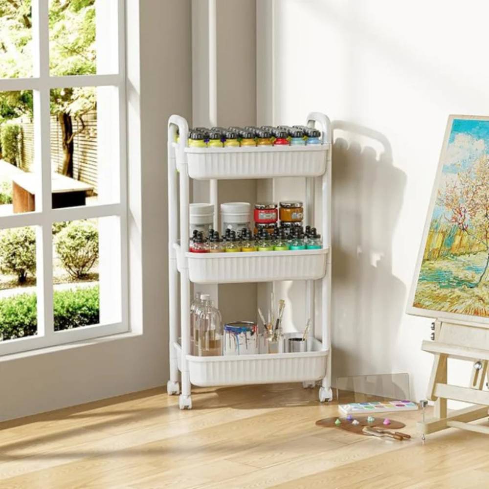 3-Tier Rolling Storage Cart - White, easy move organizer cart for home storage in Pakistan