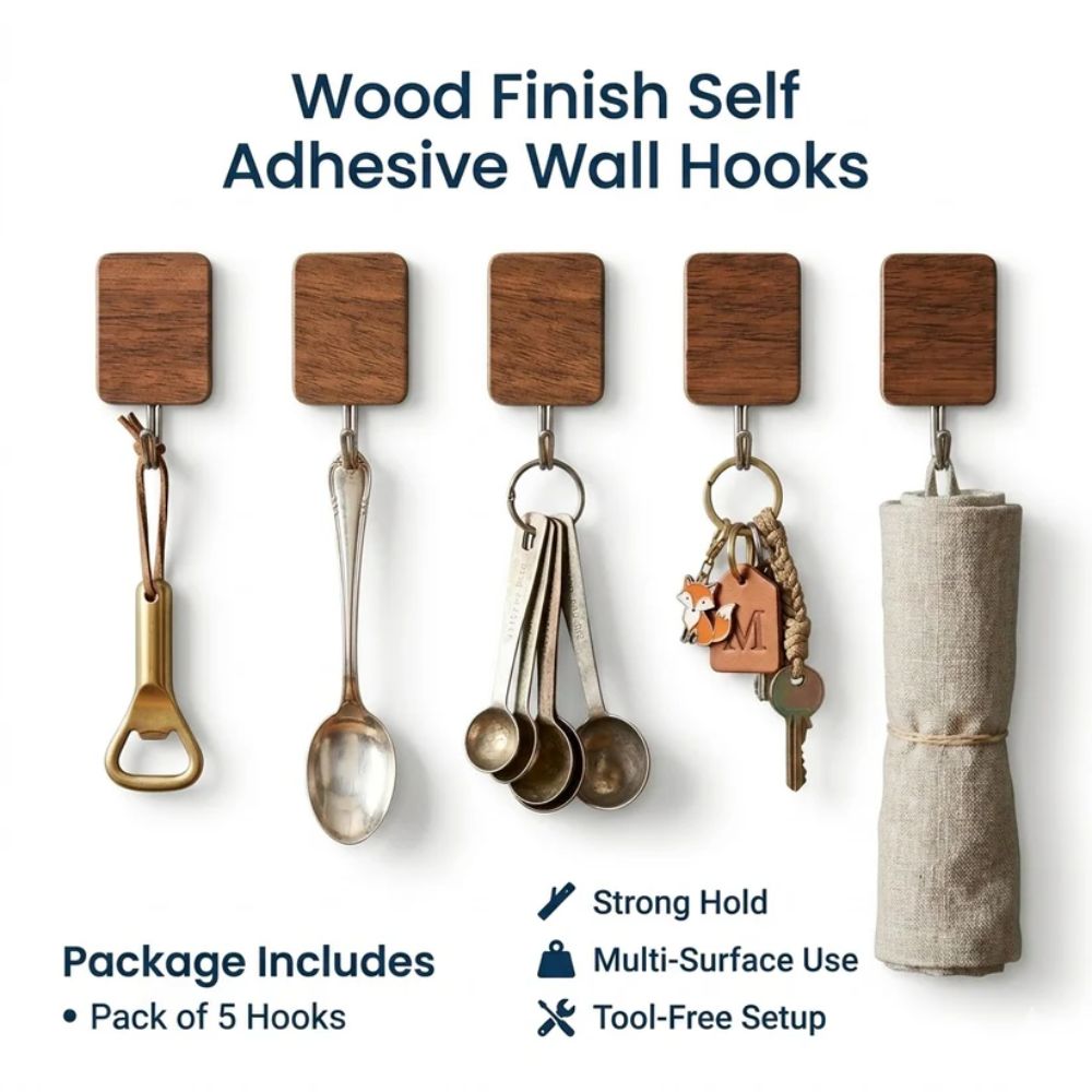 Wood Style Sticky Wall Hooks, easy stick hooks for organizing kitchen and bathroom essentials in Pakistan