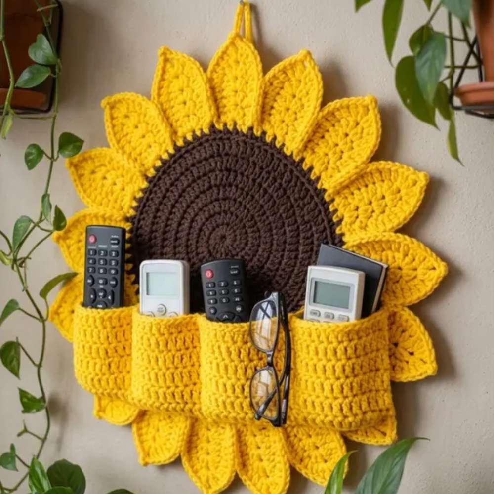 Sunflower crochet wall hanging organizer for storing keys, glasses, and small items at home in Pakistan