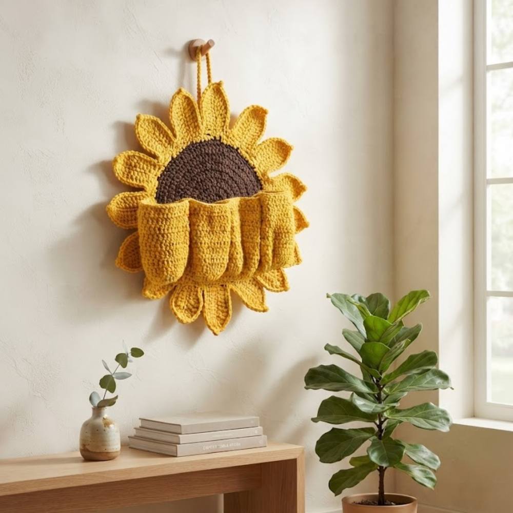Sunflower shape crochet organizer with storage pockets for home wall decoration in Pakistan