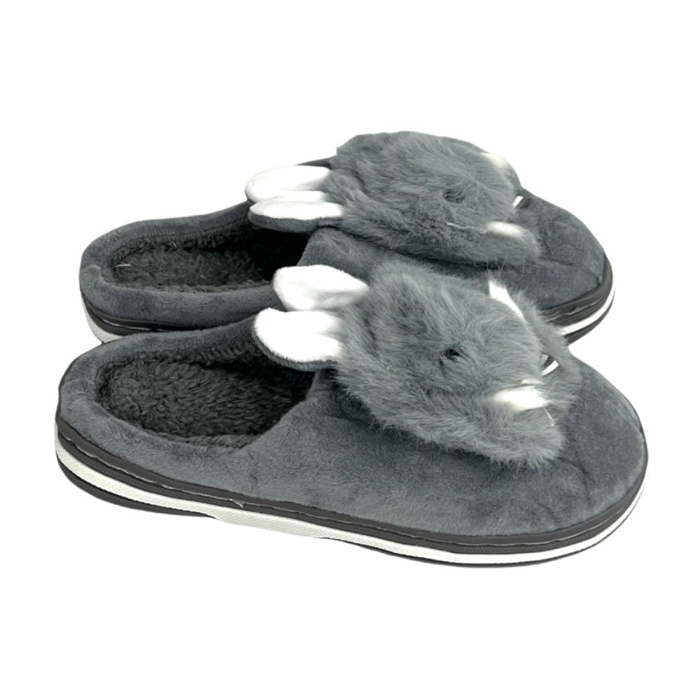 Warm indoor bunny slippers with fluffy plush design, soft lining, striped bow, and thick sole for home use in winter.